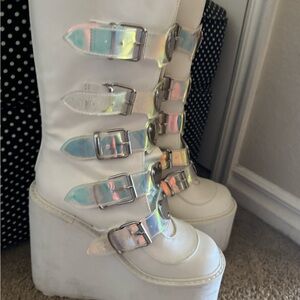 Demonia White Platform Boots with Holographic Buckles
